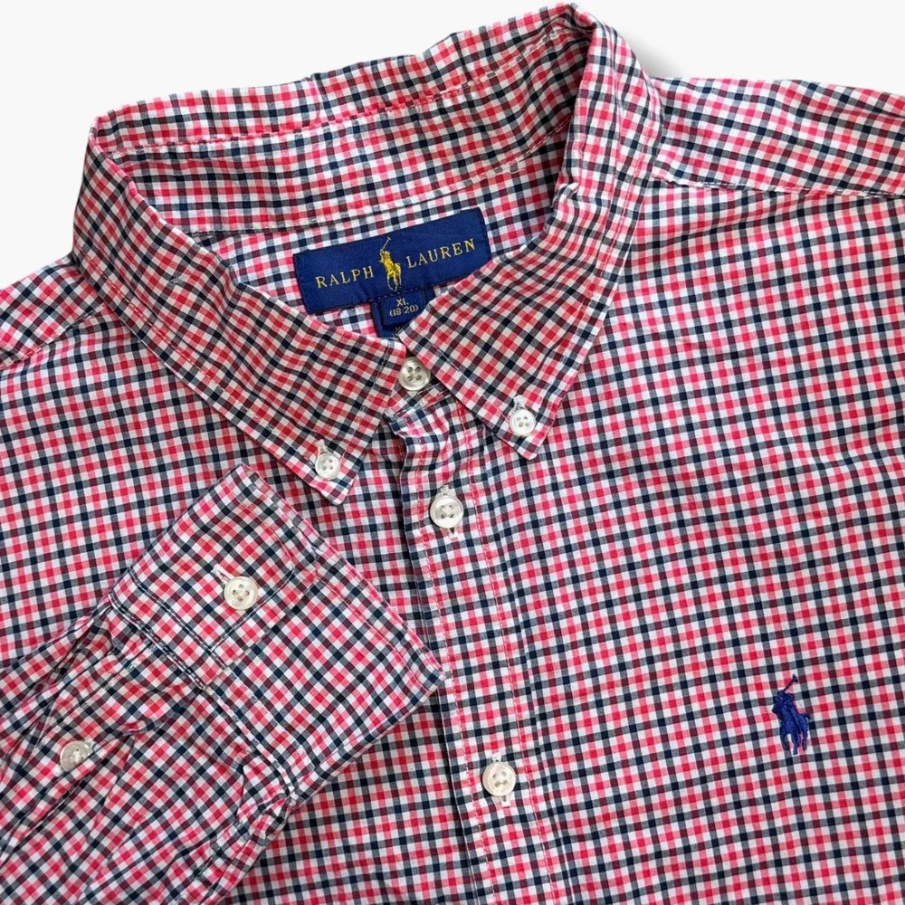 Ralph Lauren Button Down Boy Youth XL 18-20 Red Black Gingham Plaid Preppy Shirt